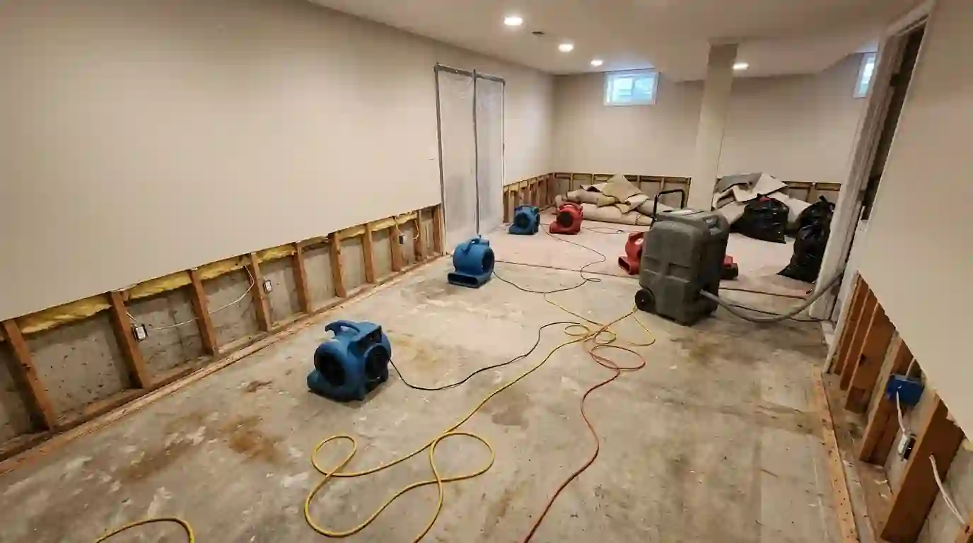 Finished basement with drywall cut above the wet line
