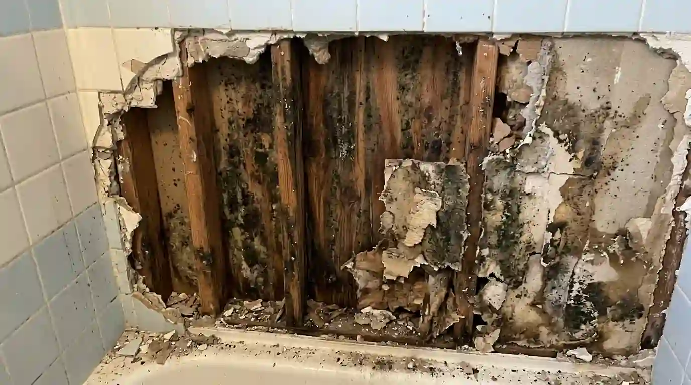 Wet backer board and moldy studs behind shower tile