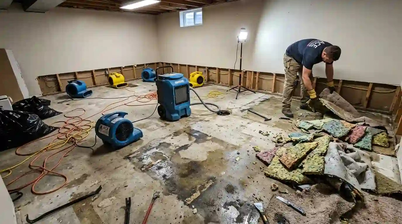 Pulling up wet carpet pad after a basement flood