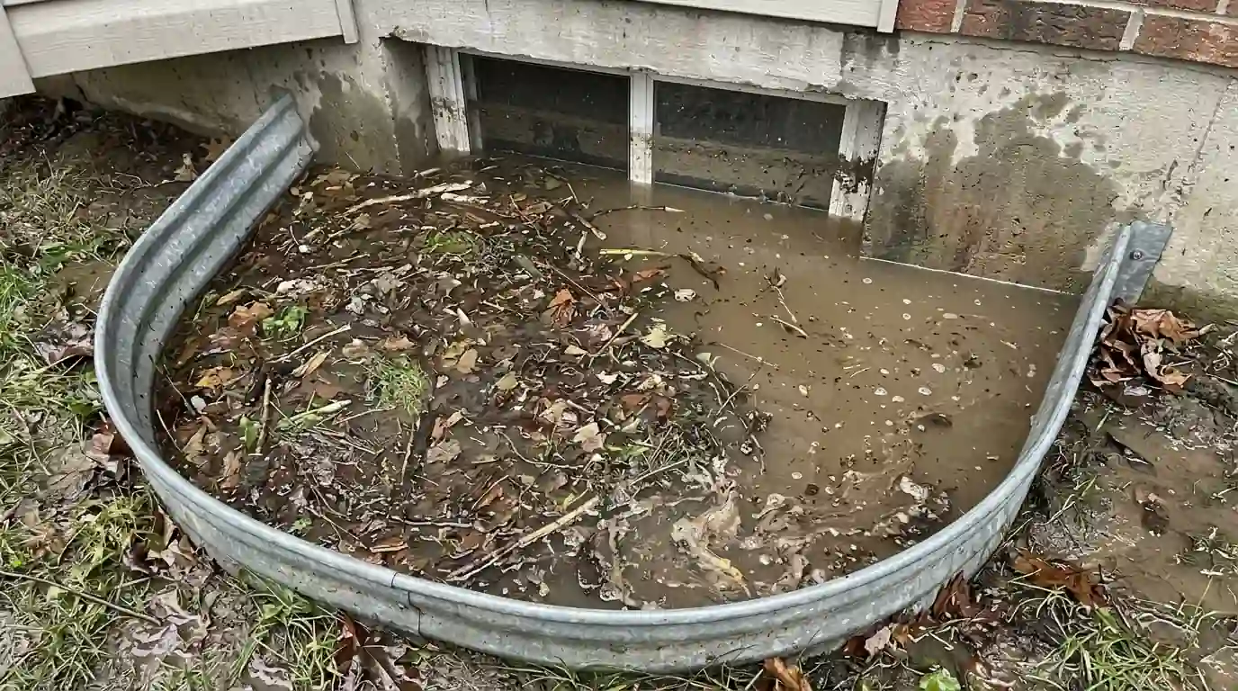 Flooded window well against a basement window
