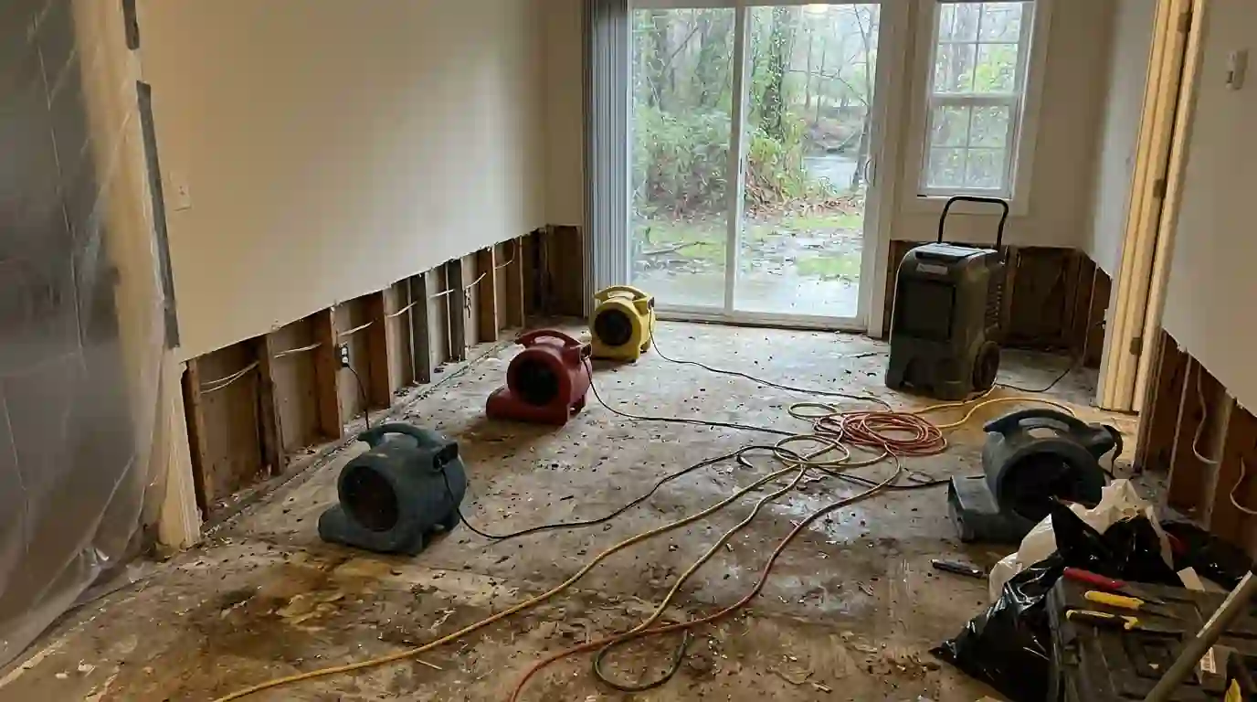 Wet drywall cut away in a ground-floor apartment