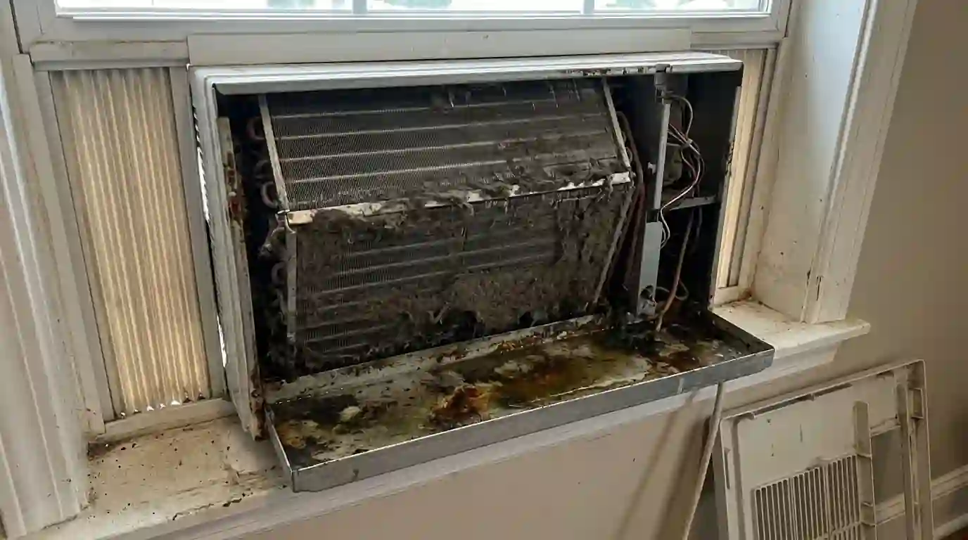 Dirty coil and wet drain pan in a window unit