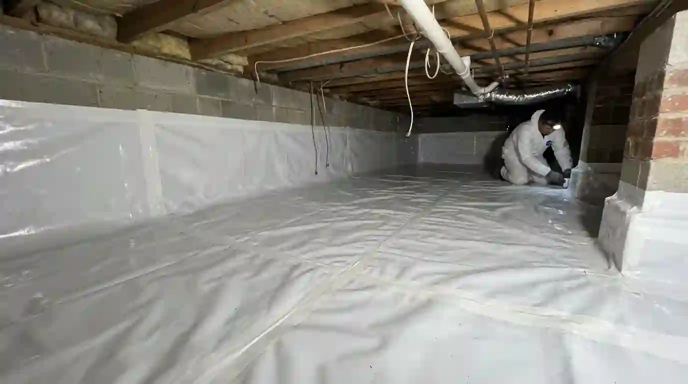New vapor barrier with taped seams in a crawl space