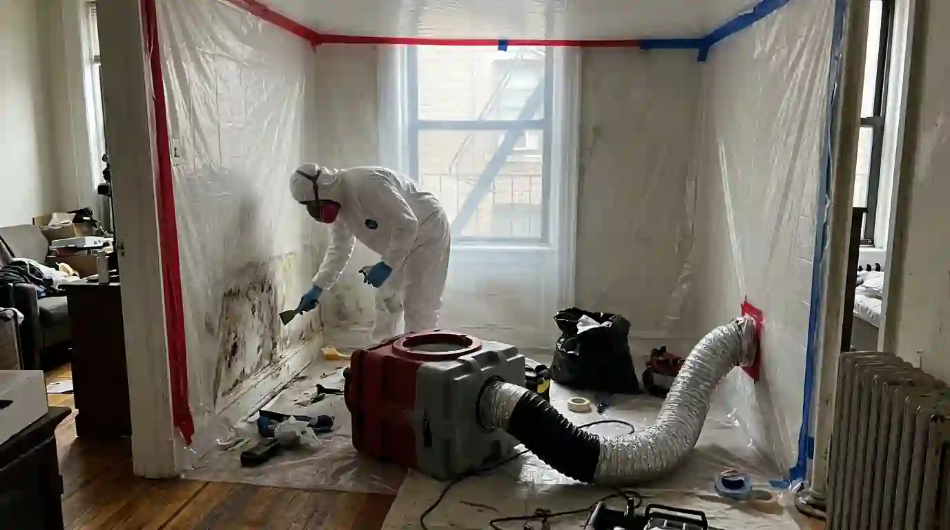 Mold remediation technician working inside plastic containment in a New York apartment