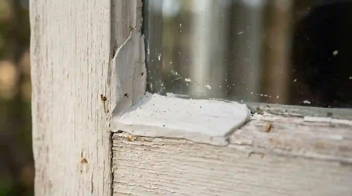 Mold on glazing putty in a window frame corner