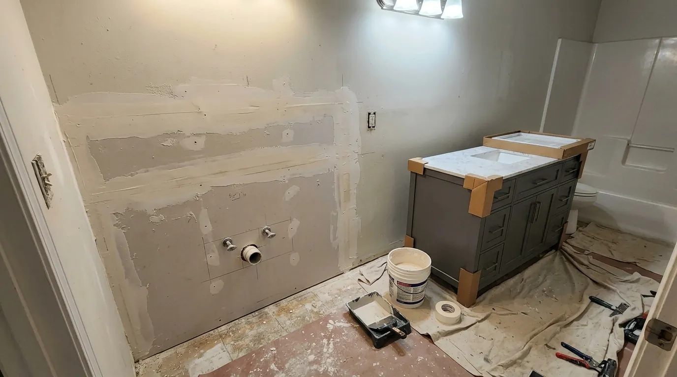Finished drywall patch before the vanity goes back