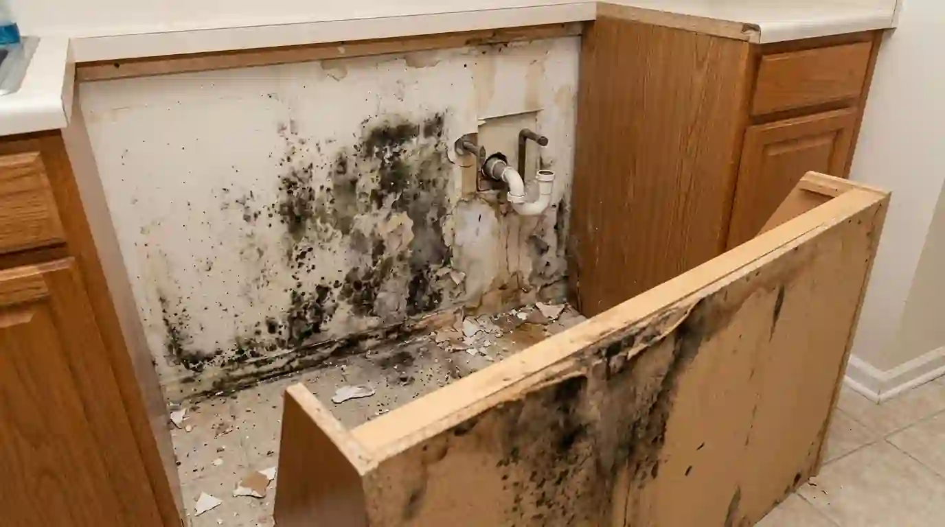 Black mold found behind a kitchen base cabinet