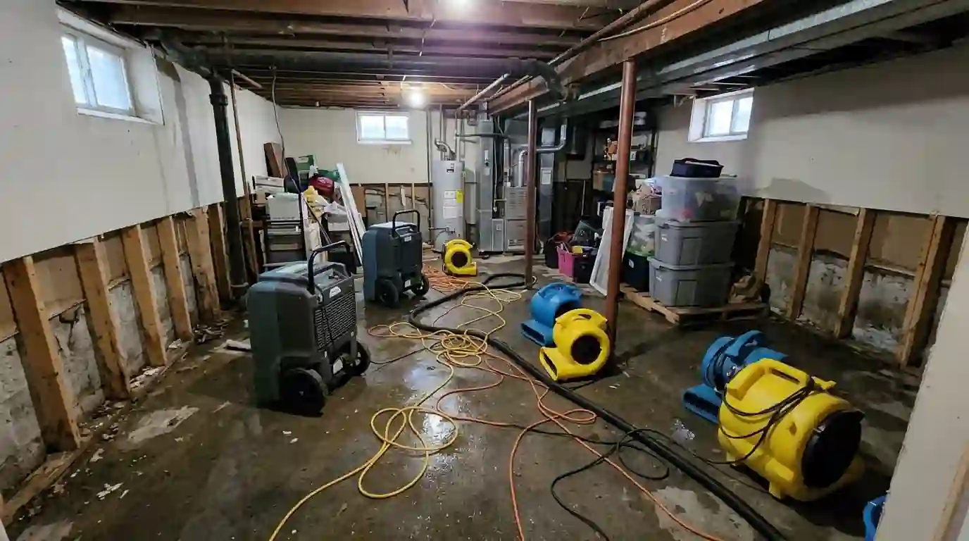 Whole-basement dehumidifier mounted on a stand with a condensate line in a New York basement