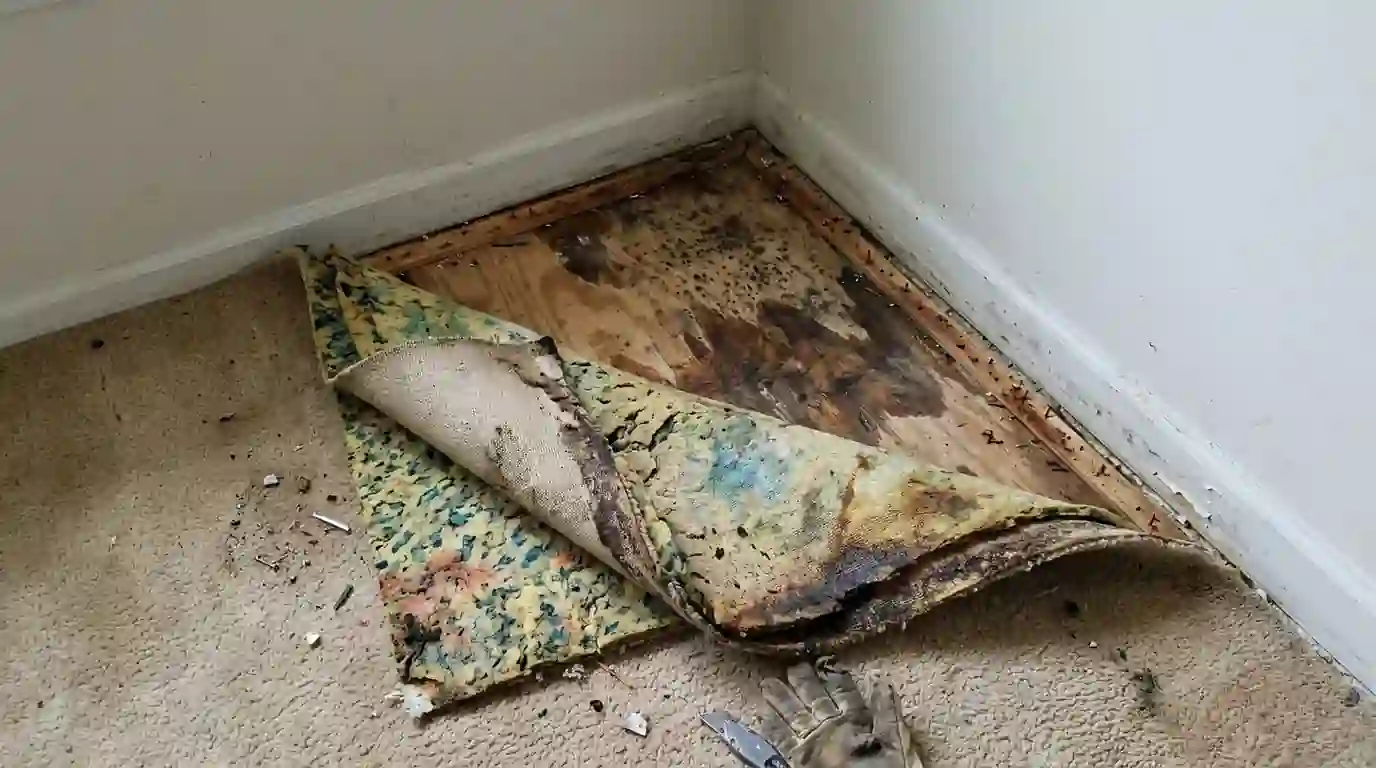 Wet carpet pad and mold on the subfloor