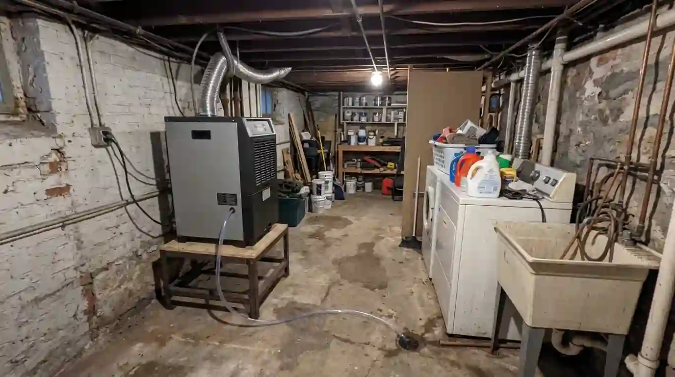 Installed basement dehumidifier on a raised stand