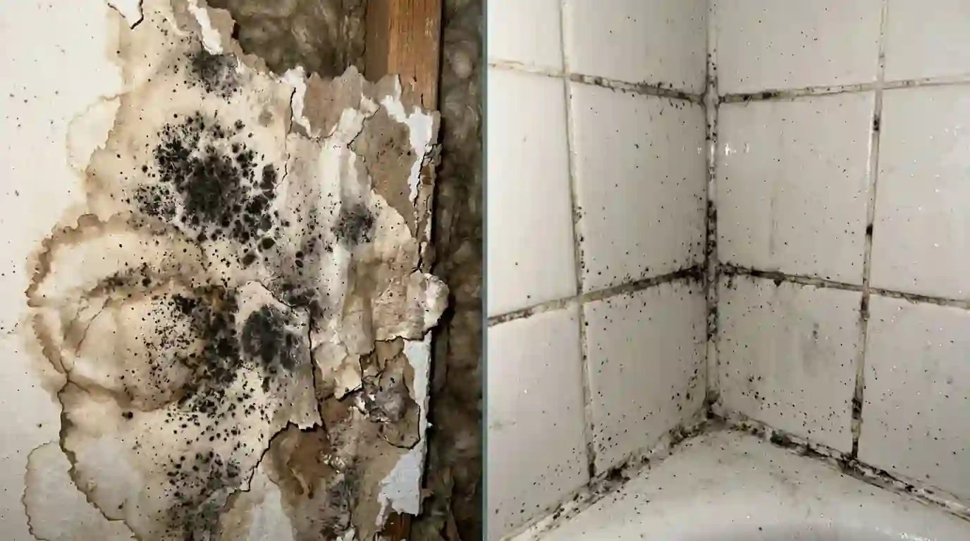Dark growth on drywall compared with grout spots