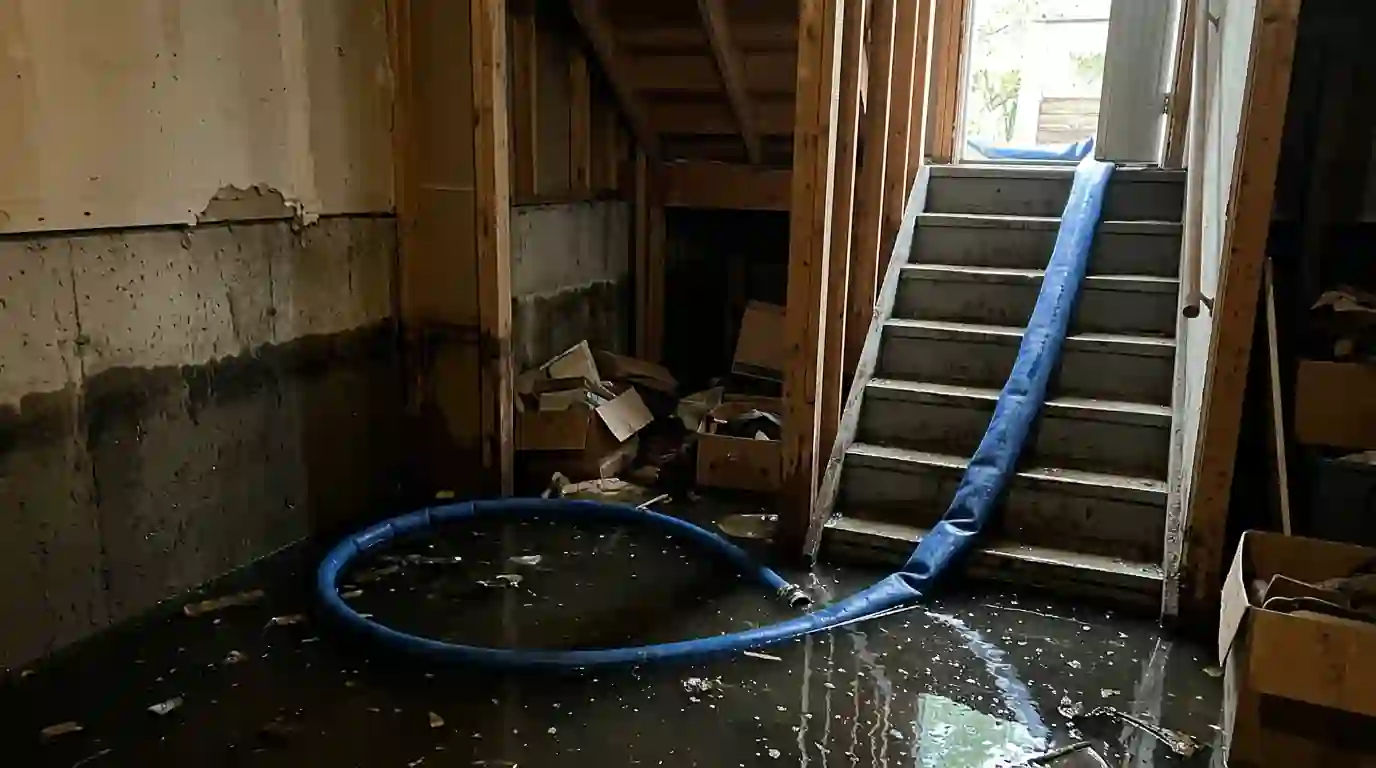Flooded basement stairs with a water line on the wall and a pump hose running out a door