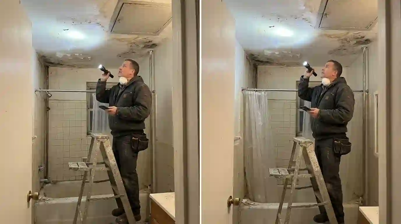 Checking a bathroom ceiling in a Bronx elevator building