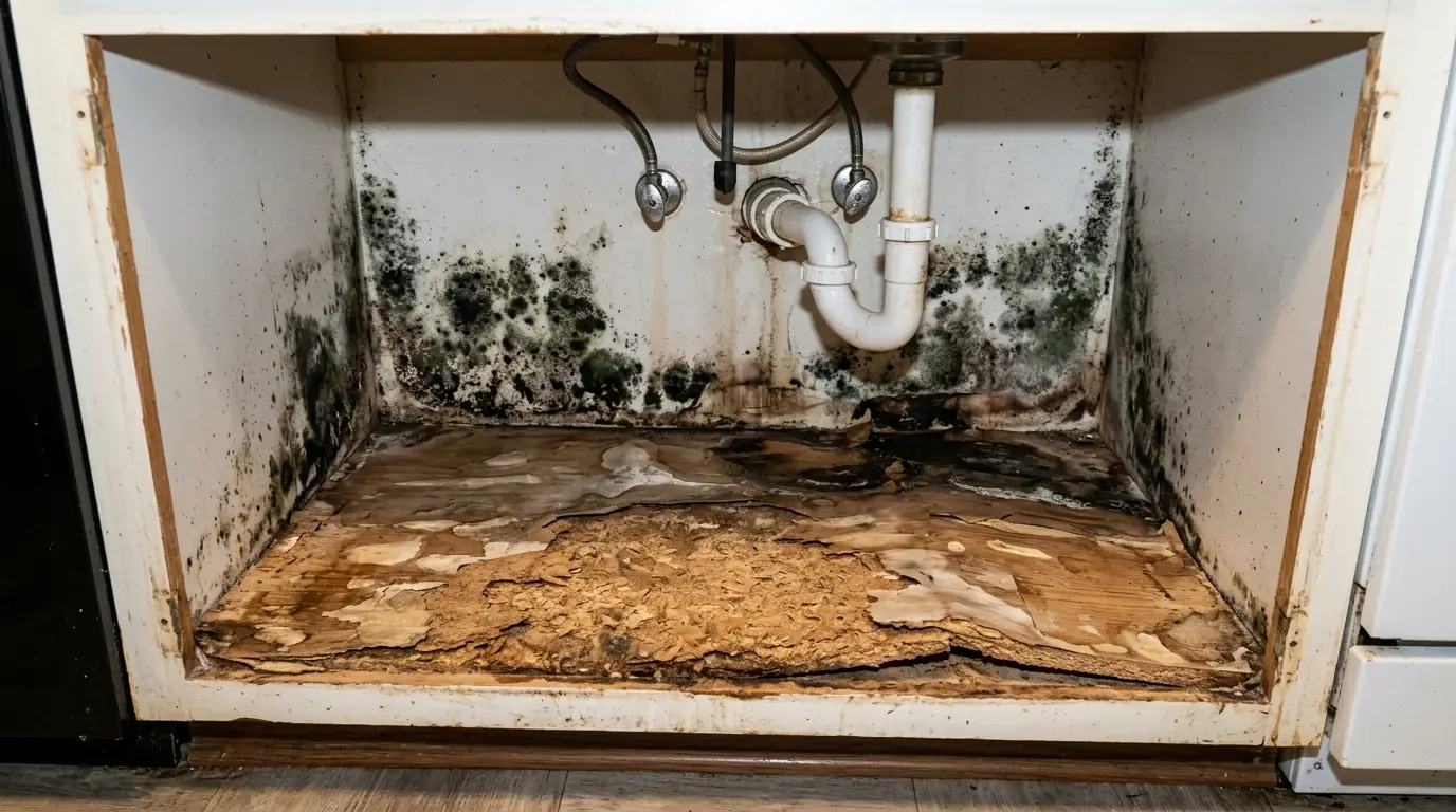 Swollen sink base floor with mold along the back
