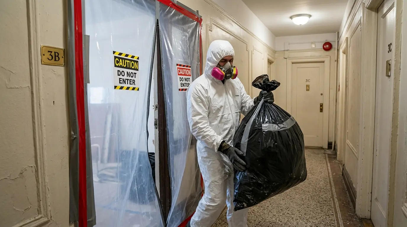 Bagged material leaving containment during a mold job