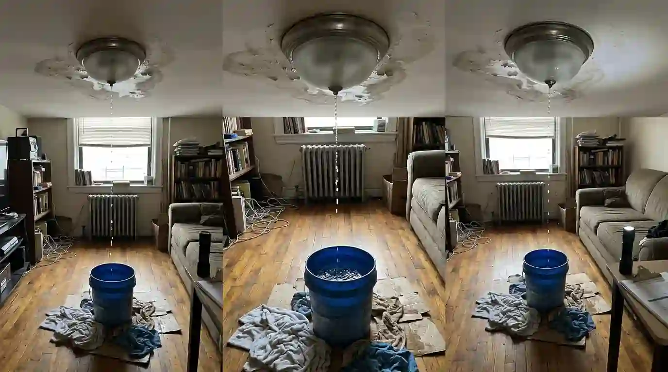 Water dripping through a ceiling light from the unit above