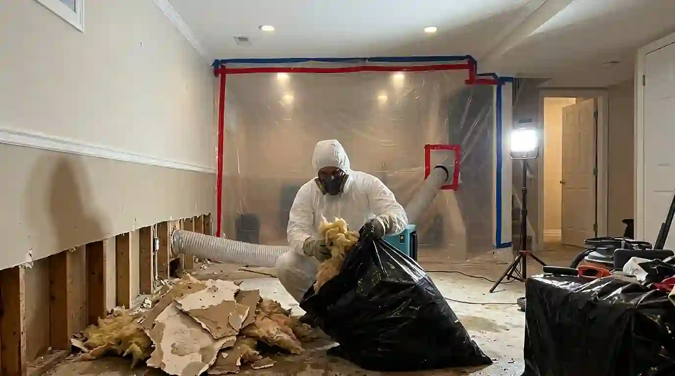 Removing wet board inside basement containment