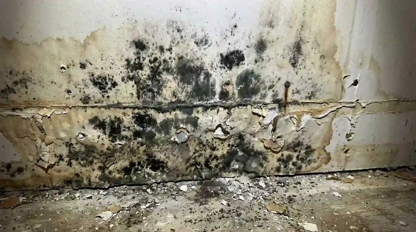 Black mold on drywall paper behind a removed baseboard