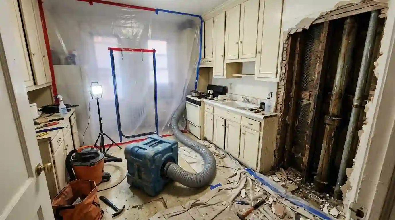 Opening a kitchen wall at a leaking riser in Flatbush