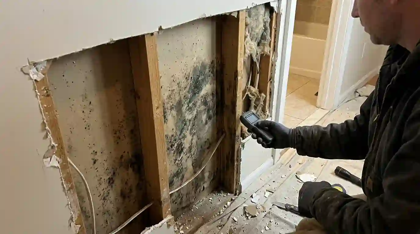 Ceiling with a water stain and mold spots under a bathroom in a New York apartment