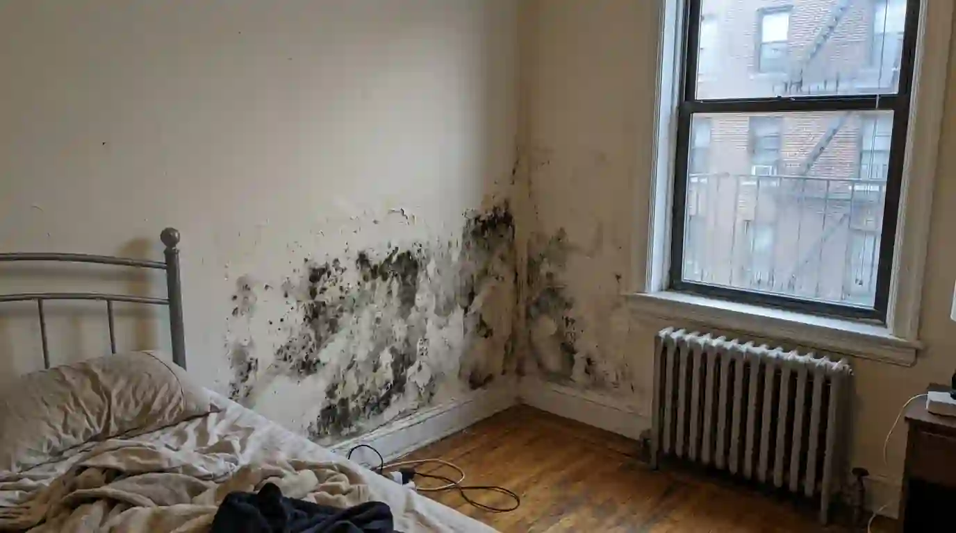 Condensation mold behind a bed in a Bronx apartment