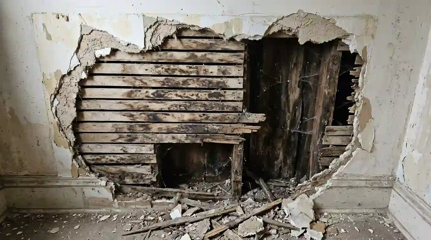 Opened plaster wall with staining on the wood lath