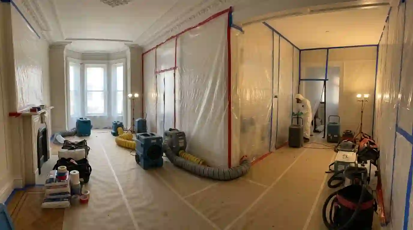 Plastic containment set up on the parlor floor of a Brooklyn brownstone during mold removal