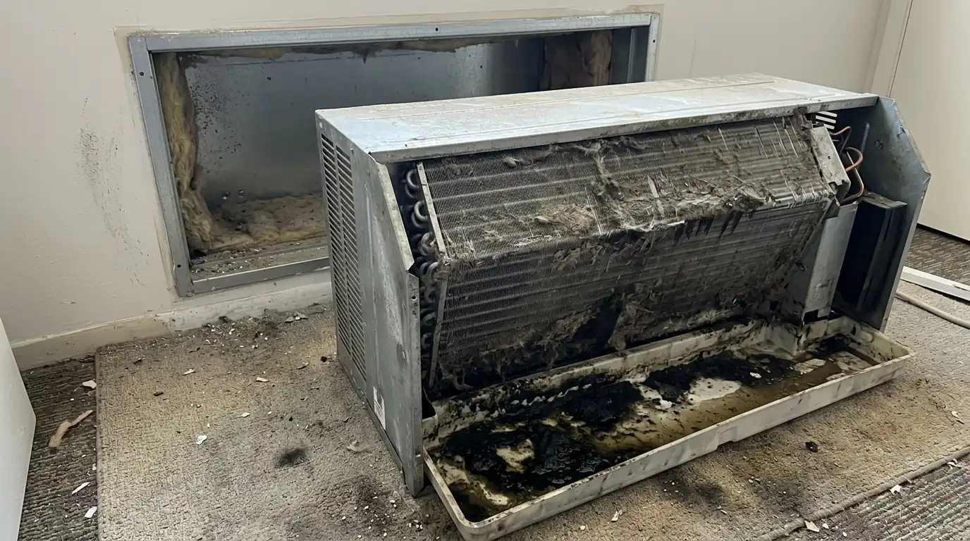PTAC unit pulled out with mold in the drain pan