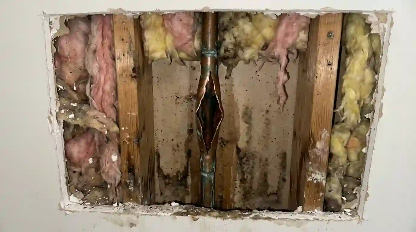 Split pipe found behind an opened wall after a freeze