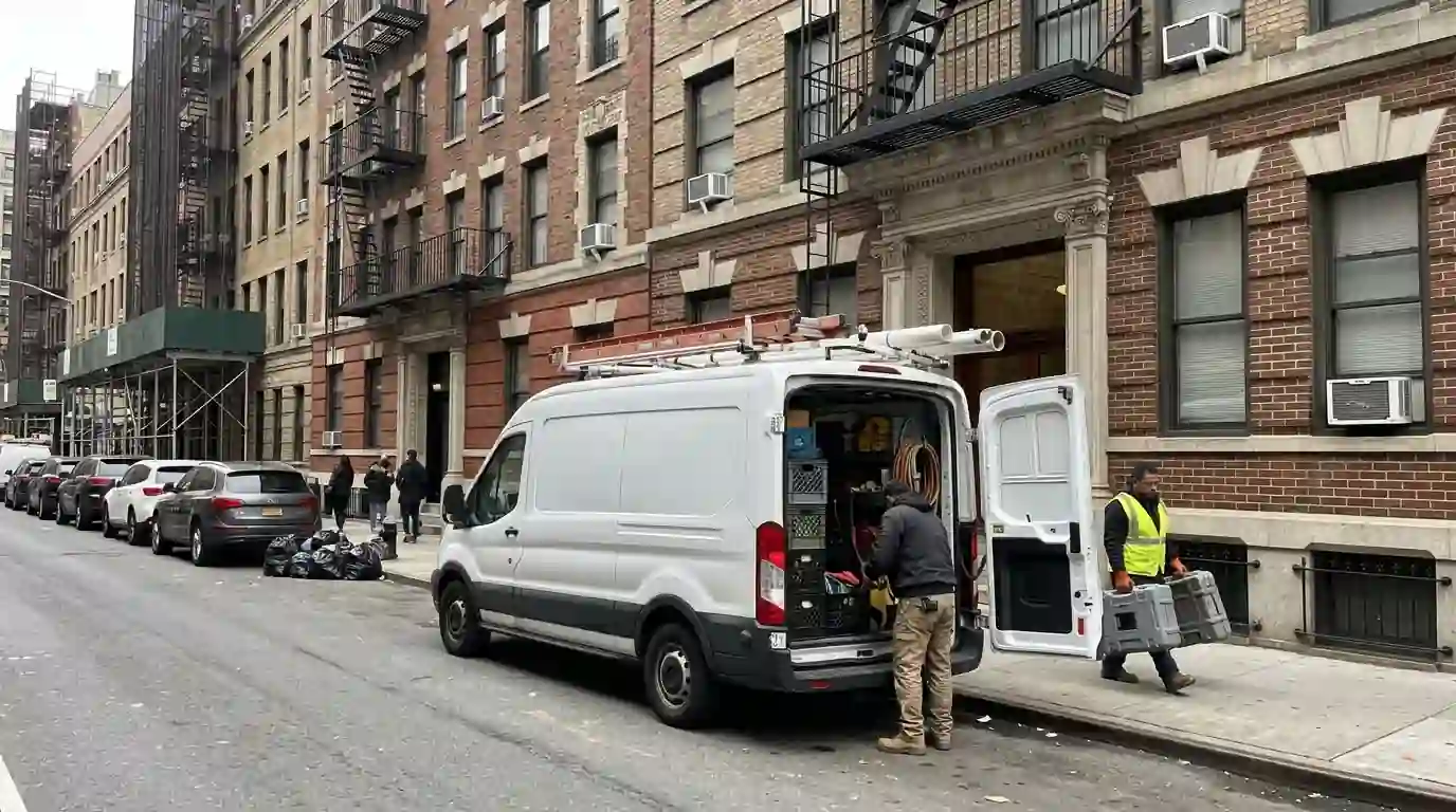 Work van outside a prewar building in Midtown