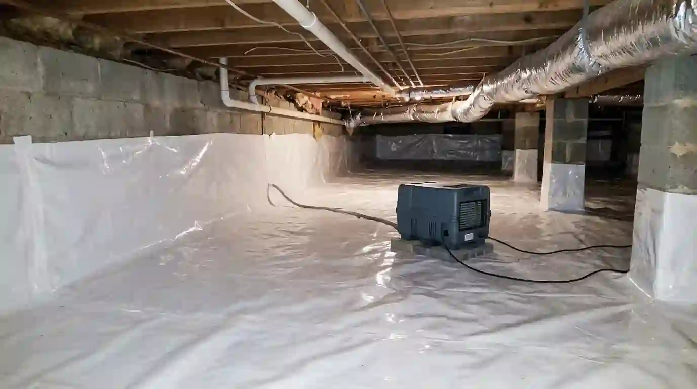 Crawl space dehumidifier over a new vapor barrier