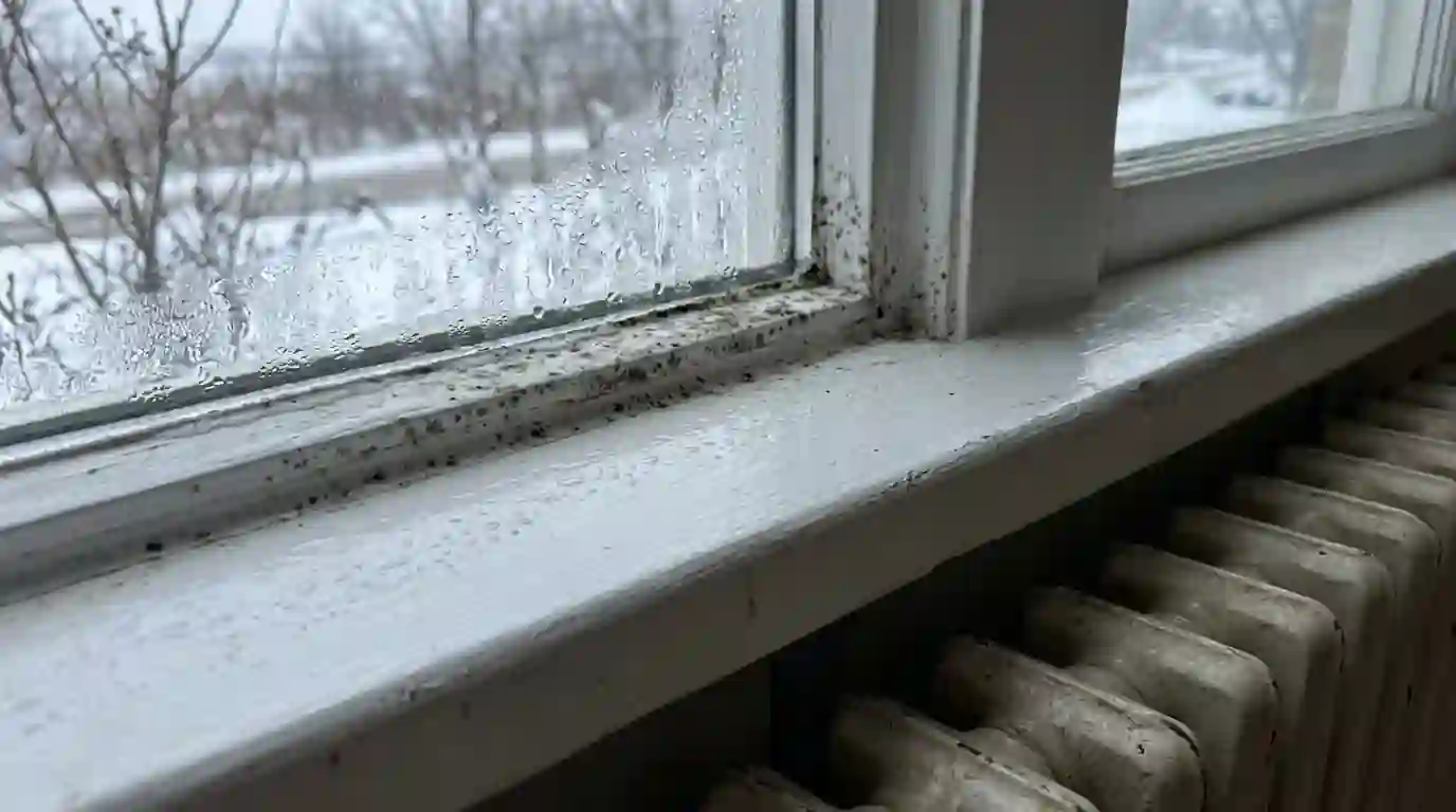 Window sill with water droplets and early mold on the caulk in winter light