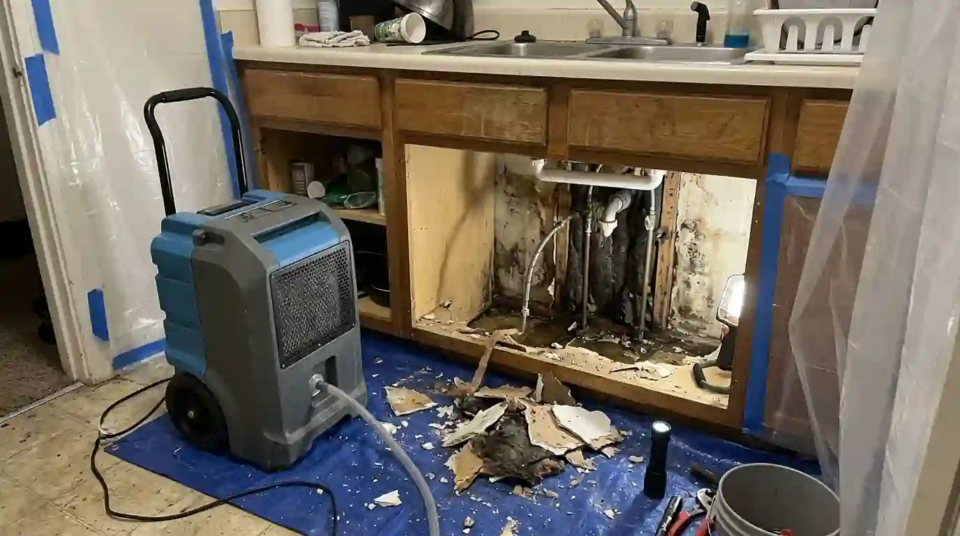 Opening a kitchen wall at a leak in a Belmont apartment