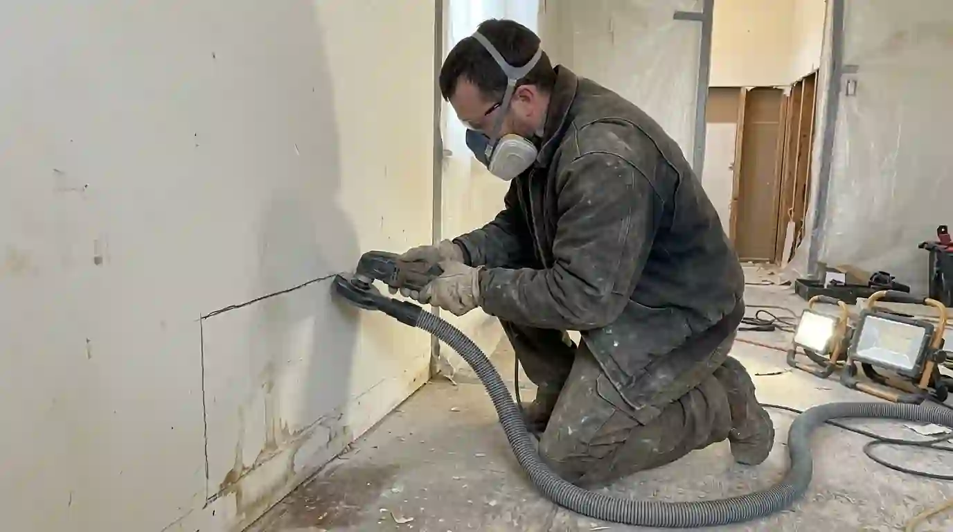 Cutting drywall past the wet line with a HEPA-shrouded saw