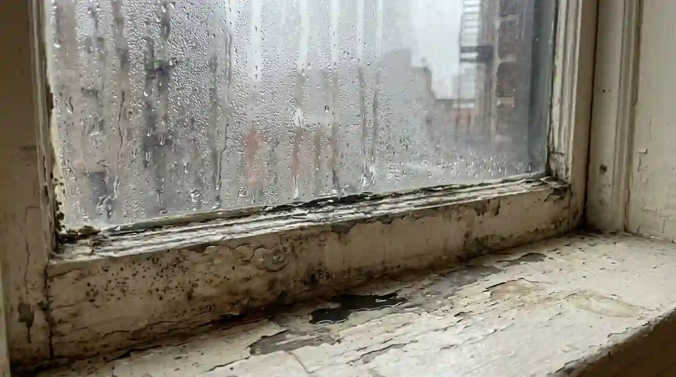 Condensation running onto a window sill in winter