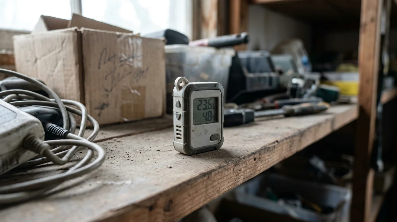 Humidity data logger set up in a studio apartment
