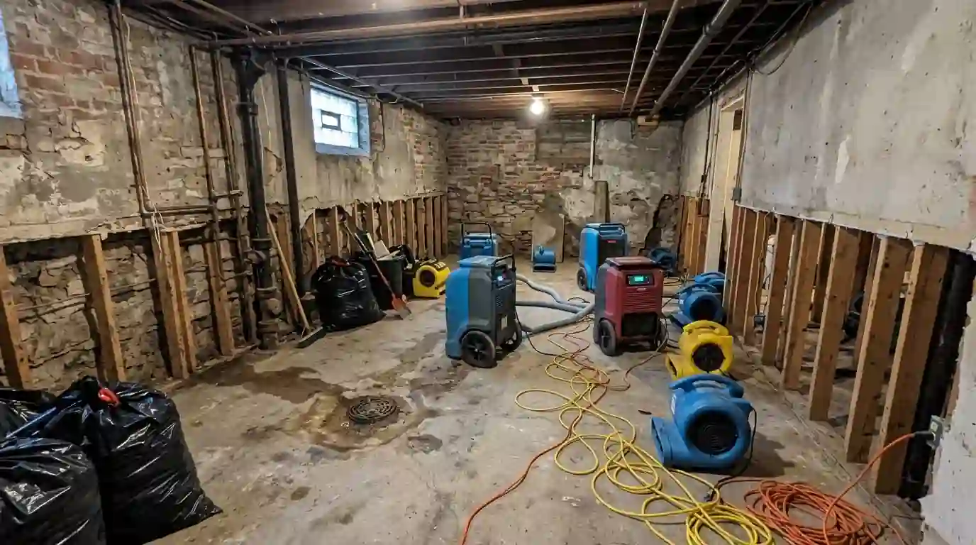 Row house basement drying after a backup