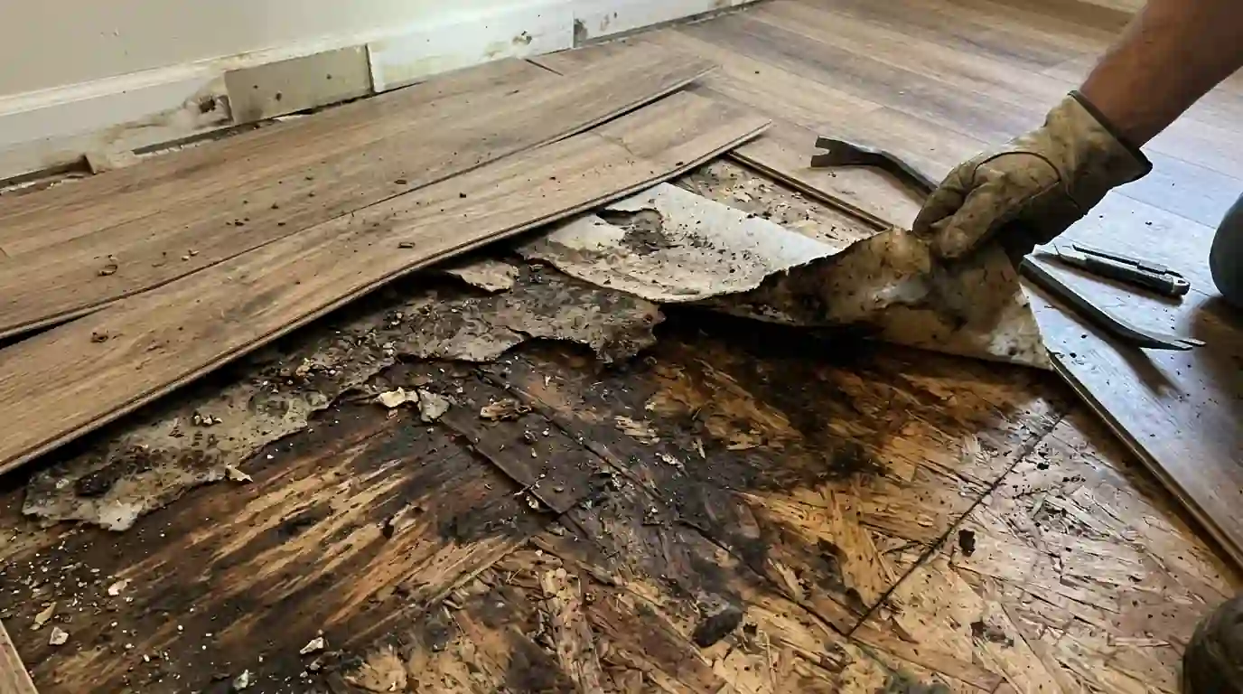 Wet underlay under lifted laminate planks