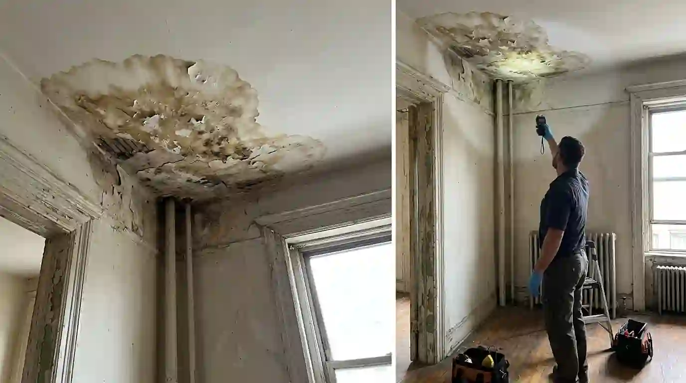 Ceiling stain under a bathroom in a Brooklyn walk-up